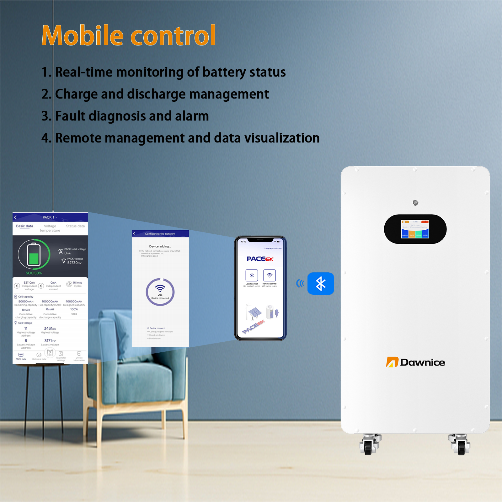 51.2V 314Ah 16kWh LifePO4 Lithium Solar Batteries Built in 150A BMS 12KW Hybrid Inverter Built in 2 MPPT Charge Controll Home Energy Storage Power Supply DC to AC Bluetooth Wireless