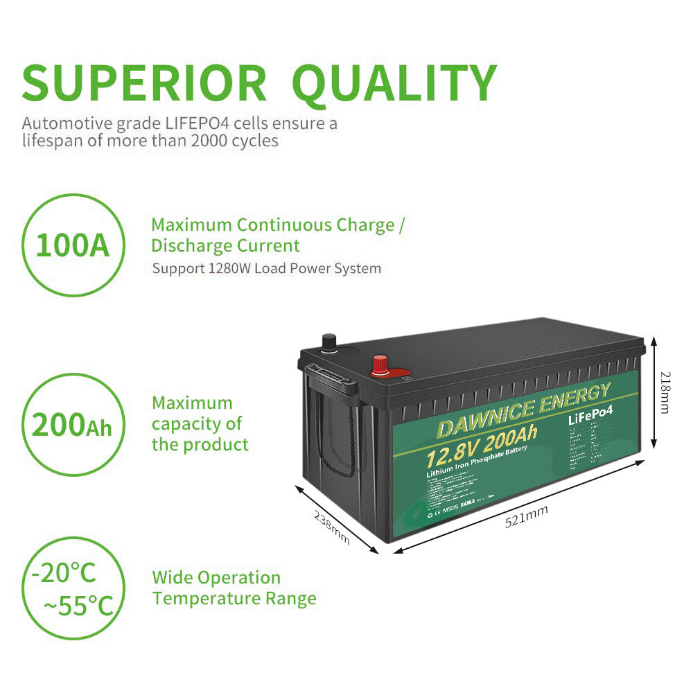 DDP al interior de EE. UU. - Batería Dawnice LiFePO4 de 12 V y 200 Ah con BMS integrado de 100 A, batería de litio de 2560 Wh y 10 años de vida útil, ideal para camping, almacenamiento de energía solar y energía de respaldo. Almacén en EE. UU. disponible.