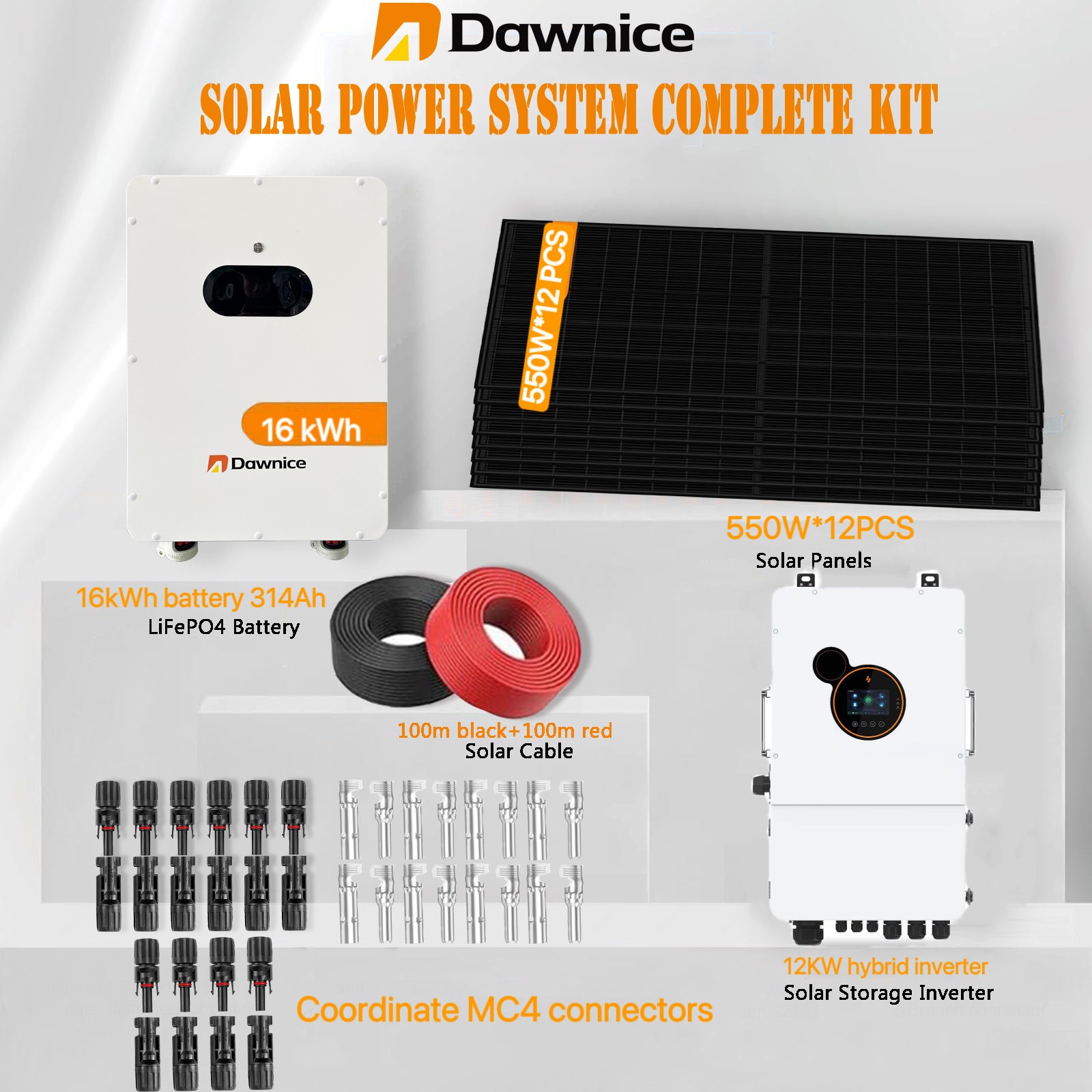DDP-MX-Dawnice 6600w Sistema Conectado a la Red Sistema Completa,16kWh Batería,12 Pcs Biferial 550w Paneles Solar,12kw Hybrid Inverter