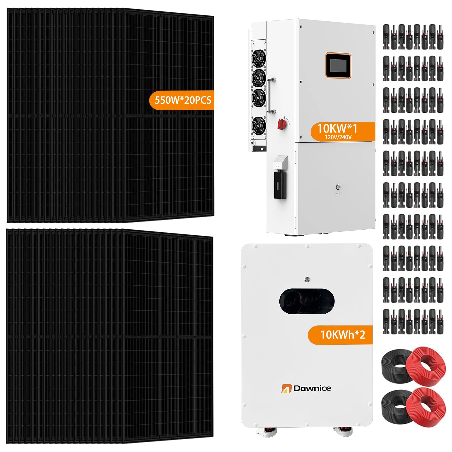 DDP to Hawaii - Dawnice 10KW Hybrid Solar Power System Complete Kit 20PCS 550W Solar Panel (11KW) +1Sets 48V 10KW Split Phase Inverter Built in MPPT+ 2Sets-51.2V 206Ah 10kwh Whole House Storage LiFePO4 Lithium Battery with Mounting Bracket for Roof