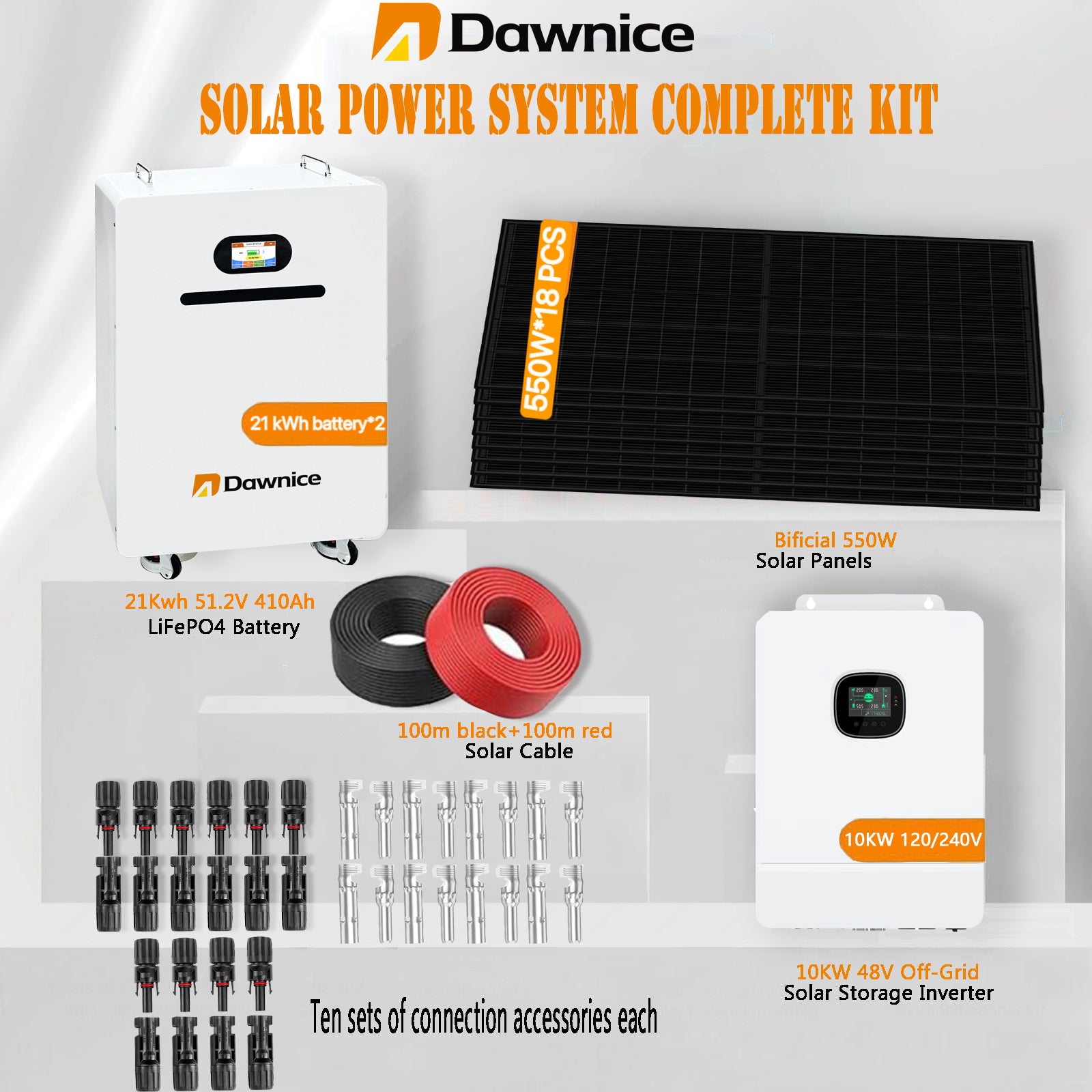 DDP-MX-Dawnice 9900w Off Sistema de Energía Solar de la Red Sistema Dos 20kWh Batería 18 Pcs Biferial 550w Paneles 10kW Solar Inversitor con Controlador Mppt 120/240vac