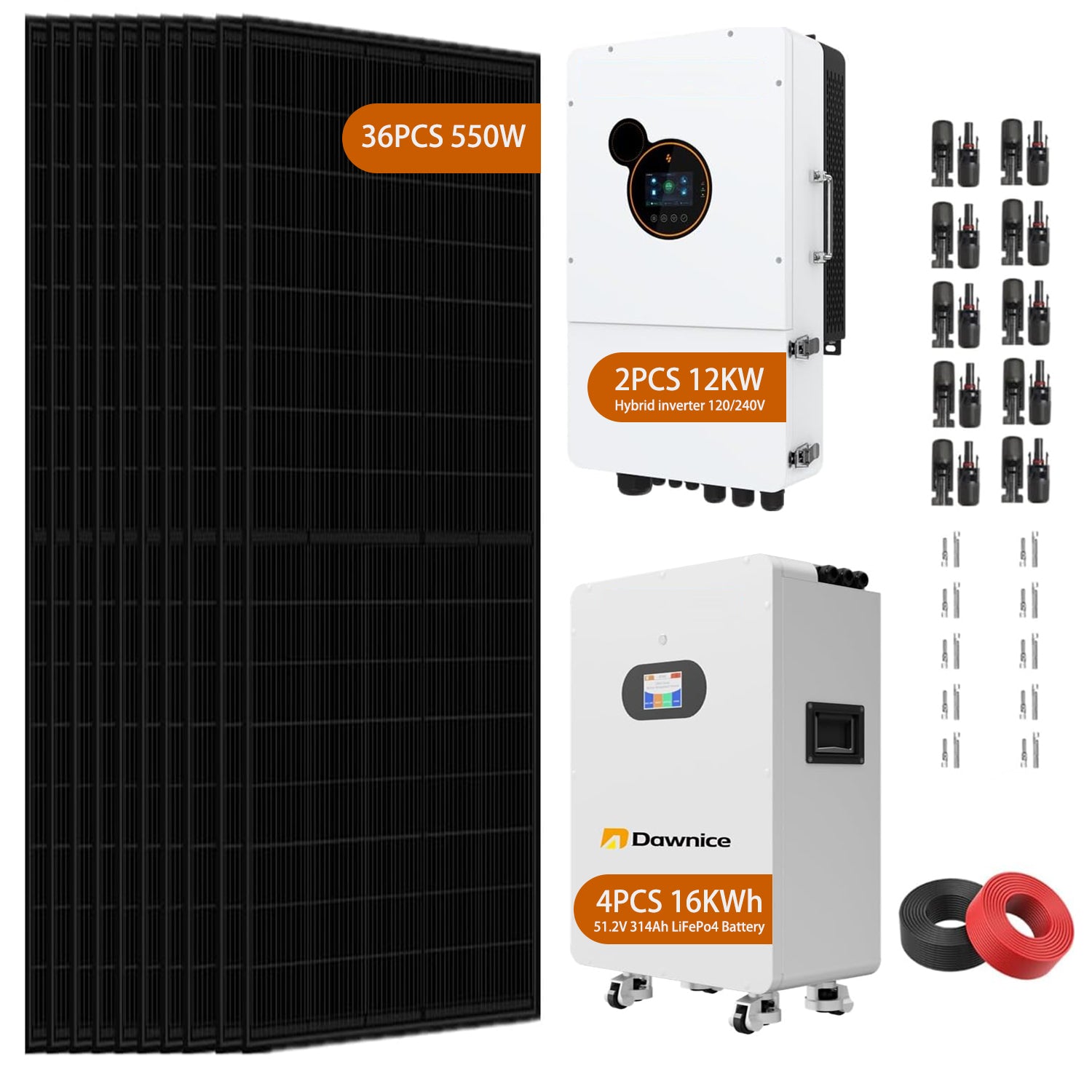 24KW 48V Hybrid Solar Power System Complete kit with UL+PV Solar Panel + 48V Hybrid Inverter + LiFePO4 48V Lithium Battery (36pcs*550W solar panels+ 2Set*12KW Inverter+4Set*16KWH Battery+400m 4mm²PV cable+36pcs MC4 connectors)