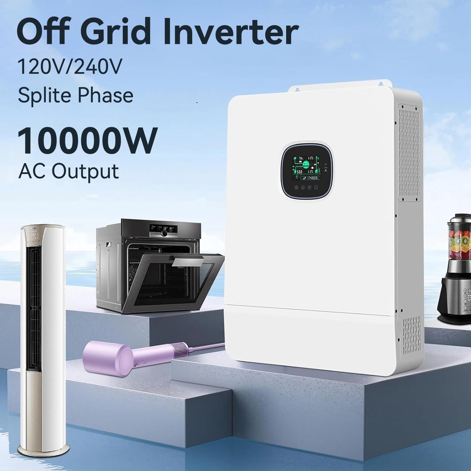 Inversor solar fuera de la red de 10 kW y 48 V, monofásico de 120 V CA, trifásico de fase dividida de 240 V CA, con 2 controladores de carga MPPT integrados, 6 inversores en paralelo para baterías de LiFePO4/Li/plomo-ácido homologadas por UL.