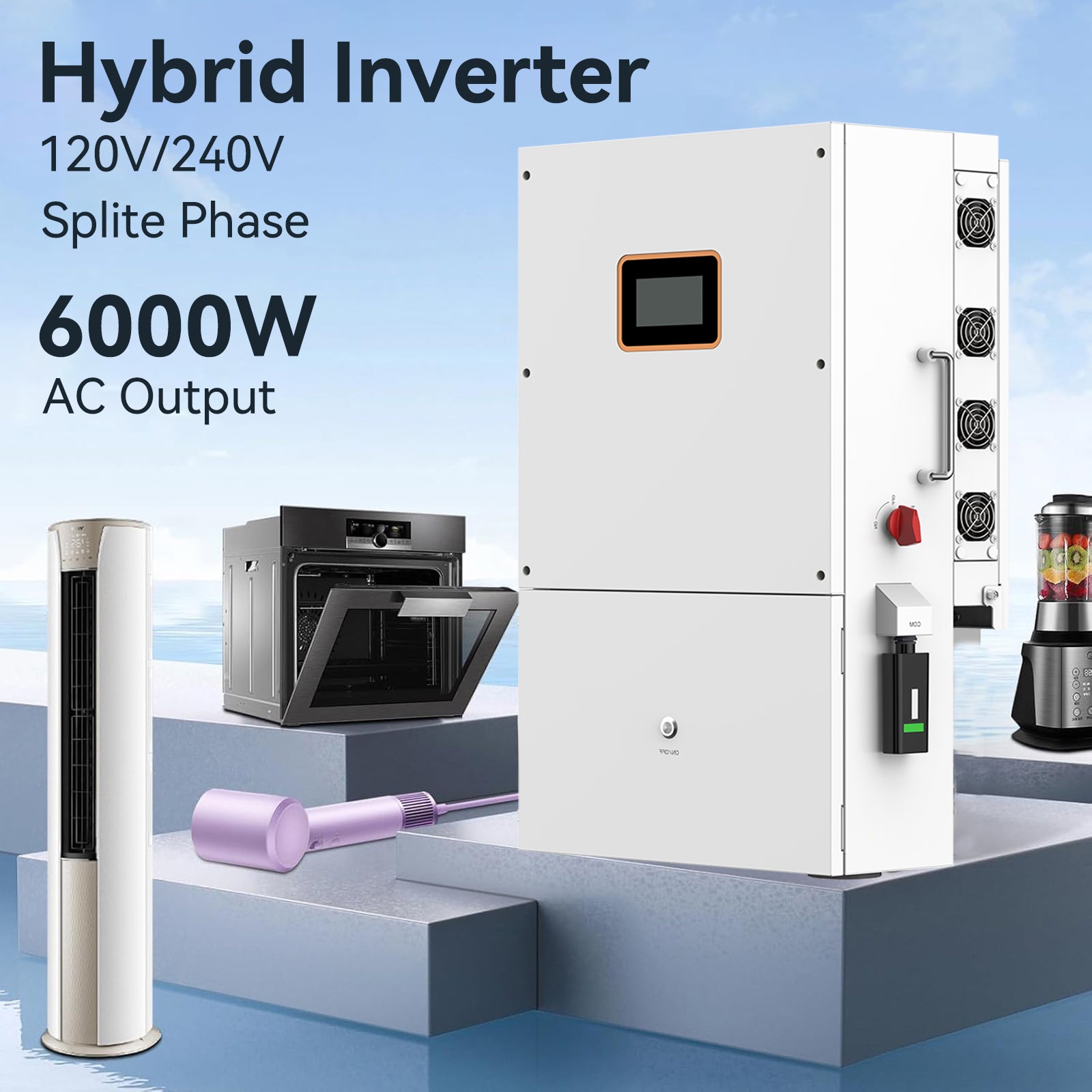 Inversor solar híbrido de 6 kW, de 48 V CC a 120 V/240 V CA, con controlador de carga MPPT 4 integrado para baterías de plomo-ácido LiFePO4 de 48 V, compatible con conexión en paralelo y homologado por UL.