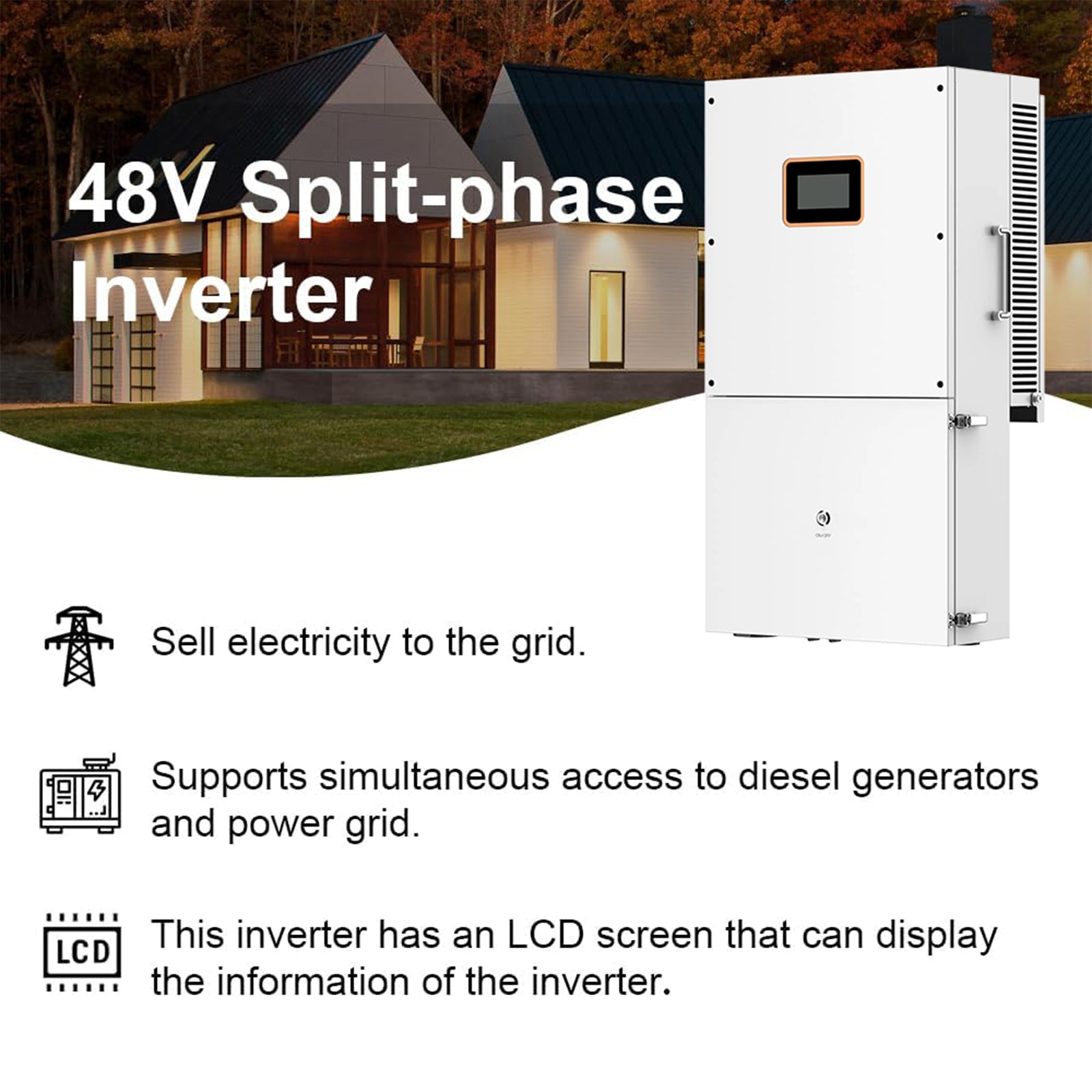 Inversor solar híbrido de 6 kW, de 48 V CC a 120 V/240 V CA, con controlador de carga MPPT 4 integrado para baterías de plomo-ácido LiFePO4 de 48 V, compatible con conexión en paralelo y homologado por UL.
