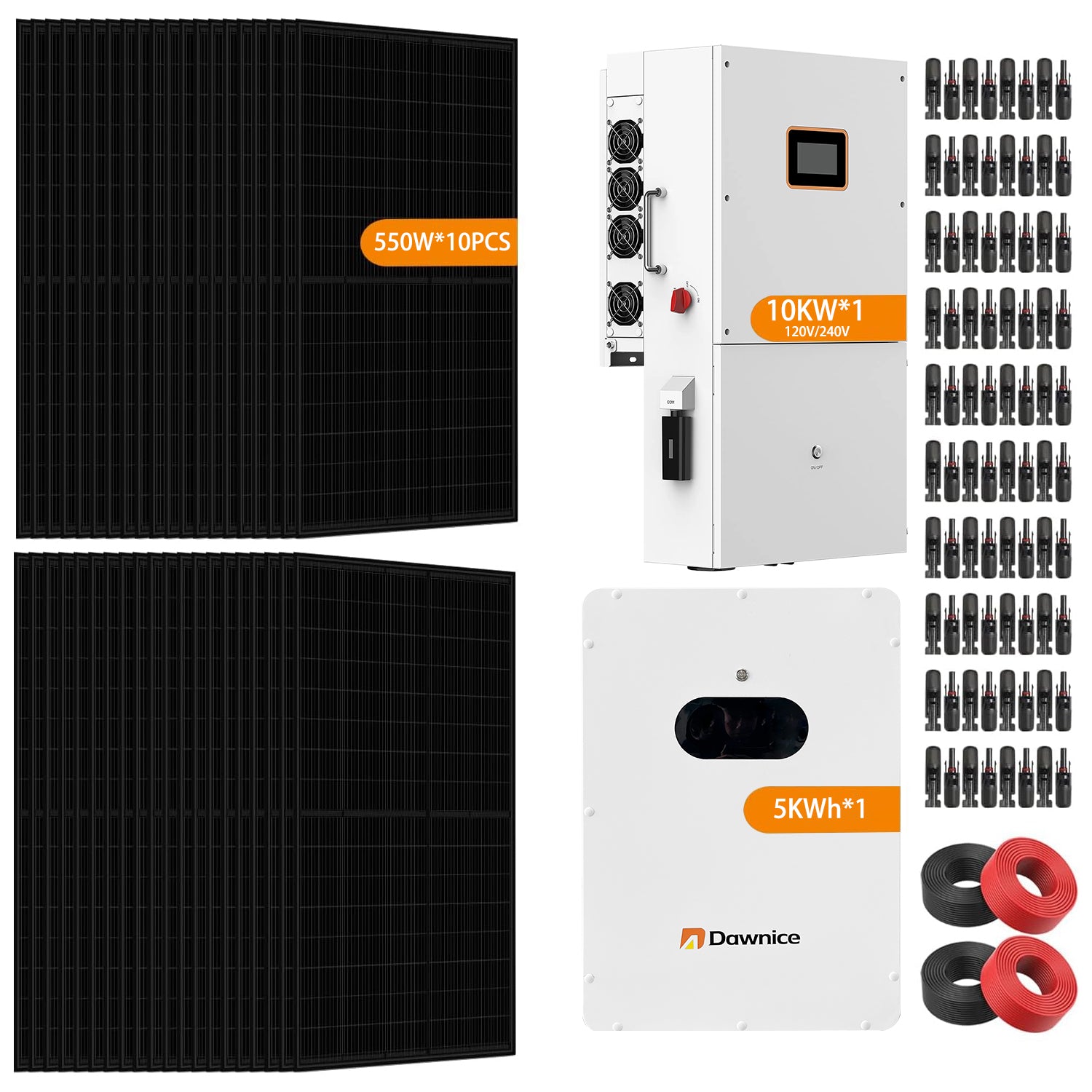 Dawnice 5KWH Hybrid Grid Home Solar Power System Complete kit Solar System Complete Kit 10PCS 550W Solar Panel (5500W) + 1Set 48V 10KW Split Phase Inverter with MPPT Controller + 1Set 5KWH Lithium Battery