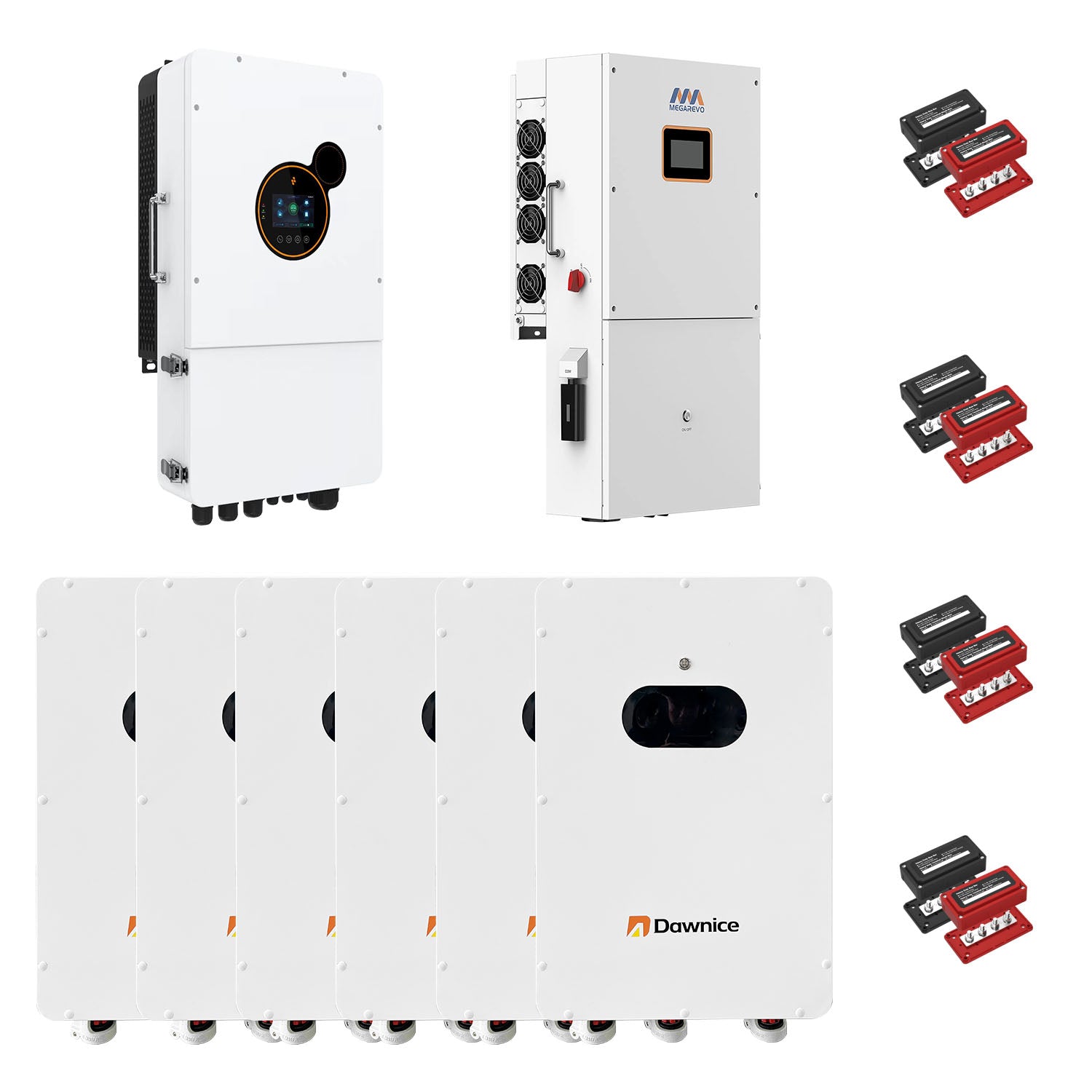 Dawnice 1 Sets 48V 12KW Split Phase Hybrid Solar Inverter Built in MPPT+ 1 Sets 48V 16KW Split Phase Hybrid Solar Inverter+ 6 Sets-51.2V 314Ah 16kwh LiFePO4 Lithium Battery+4Pairs Busbar