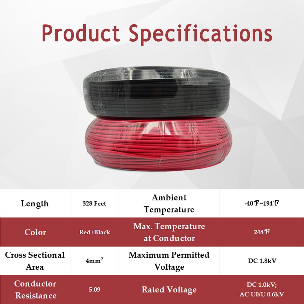 328Ft Solar Panel Cable 11AWG(4 mm2) Solar Panel Extension Cable Tinned Copper Wire for Outdoor Solar Systems(100m Red+100m Black)