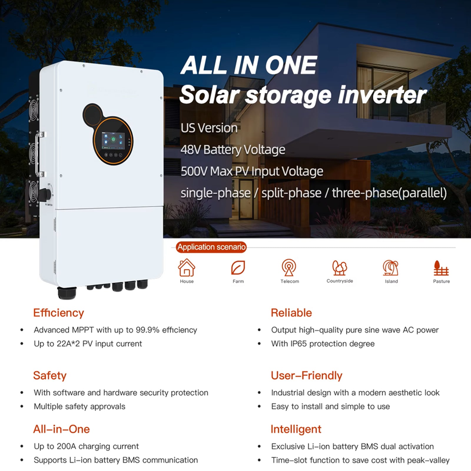 51.2V 314Ah 16kWh LifePO4 Lithium Solar Batteries Built in 150A BMS 12KW Hybrid Inverter Built in 2 MPPT Charge Controll Home Energy Storage Power Supply DC to AC Bluetooth Wireless