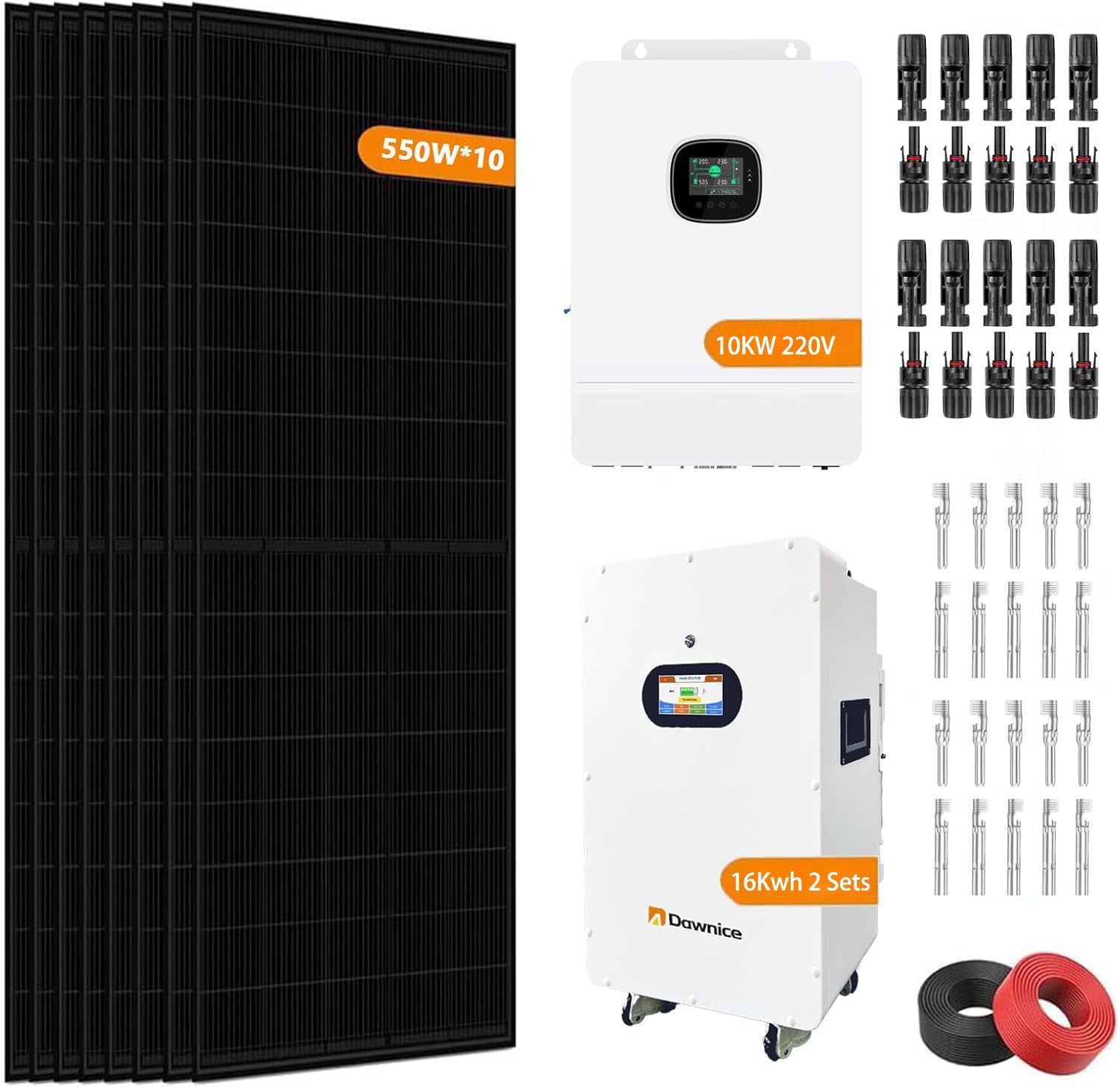 10000W Off Grid Solar Power System Complete Kit with 2 Sets 48V 314Ah 16KWh LiFePO4 Battery 10PCS Bificial 550W Solar Panels 10KW Solar Storage Inverter with MPPT Controller 220Vac Single Phase