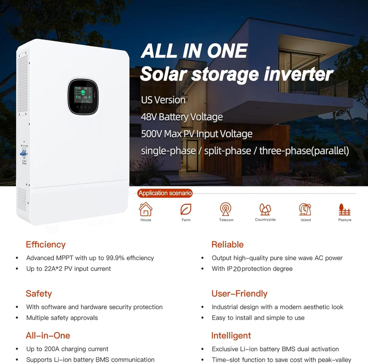 Batería de litio LifePO4 de 10 kW y 48 V, con almacenamiento solar de respaldo, celdas de grado A para montaje en pared o suelo, con BMS de 150 A integrado para camping, autocaravanas (inversor independiente de 10 kW + batería de 10 kWh)