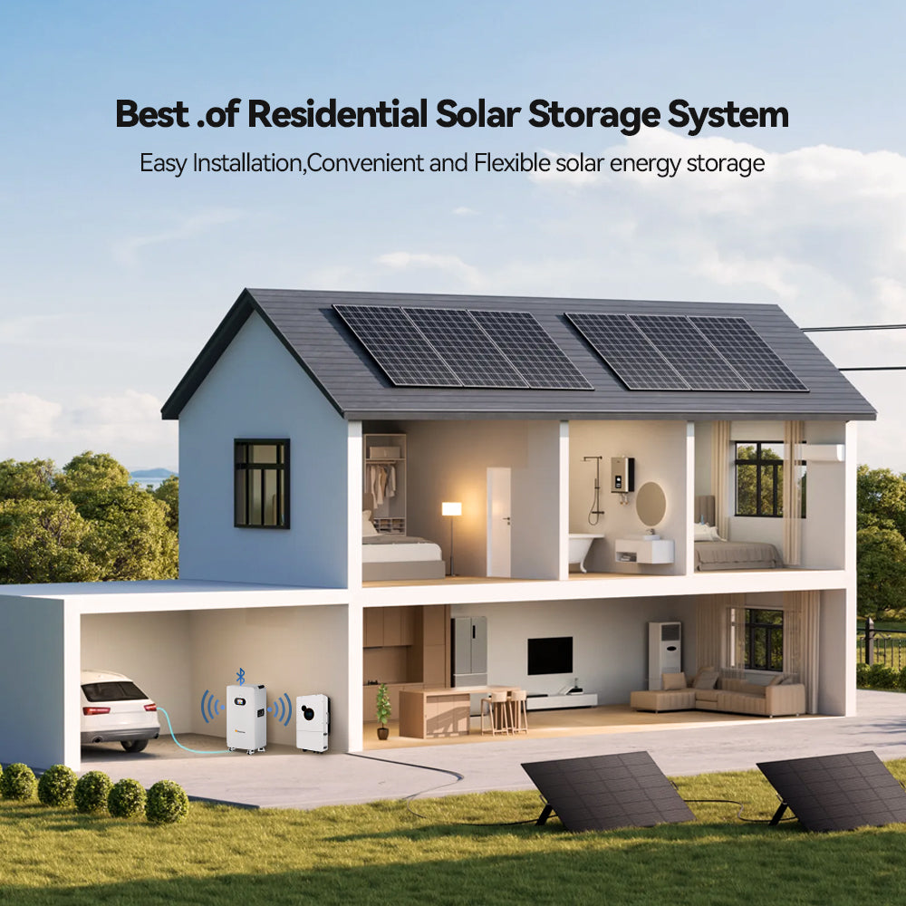 Kit completo de sistema solar híbrido Dawnice de 16 kWh y 10 kW con 10 paneles solares de 550 W (5500 W) + 1 inversor de fase dividida de 48 V y 10 kW con controlador MPPT + 1 batería de litio de 16 kWh.