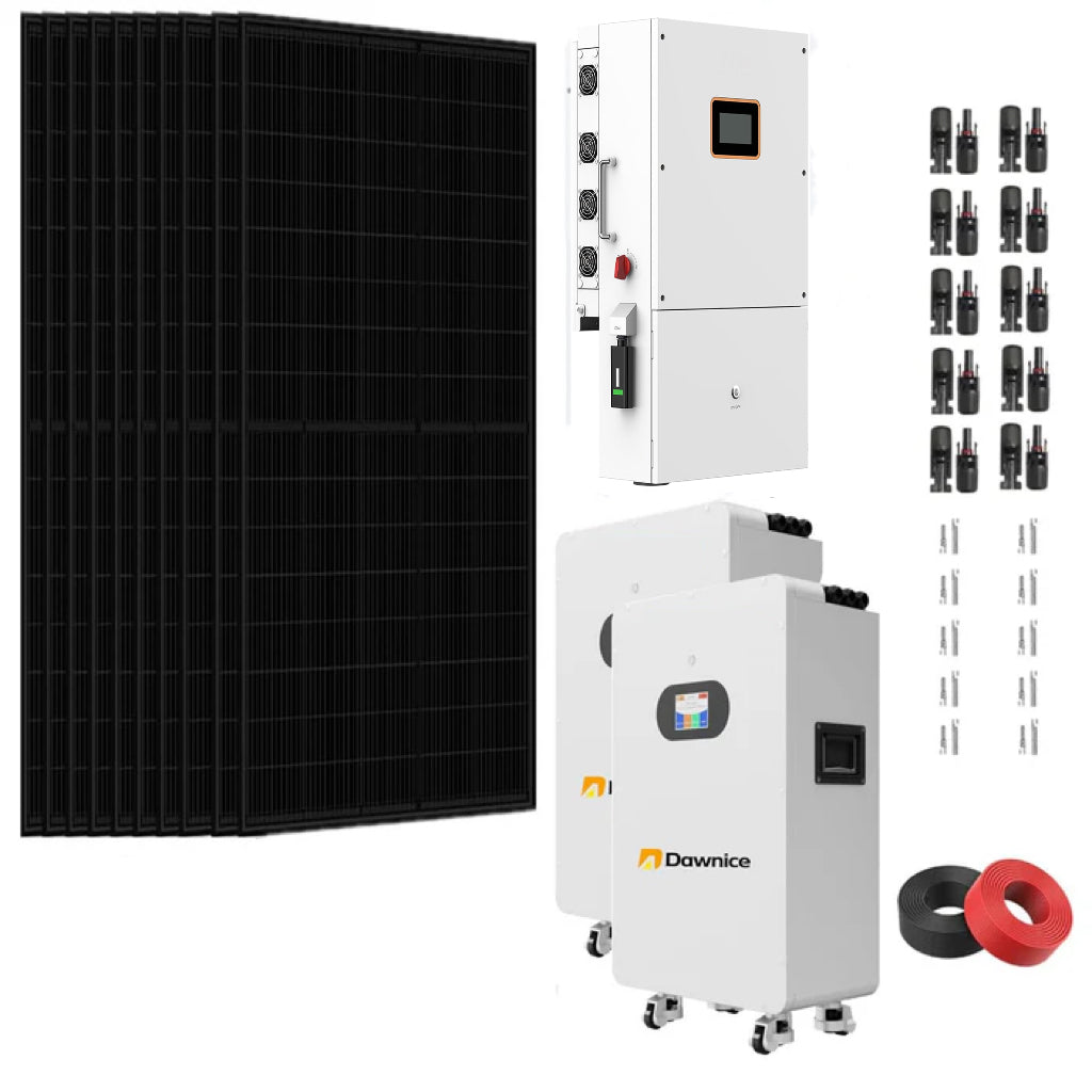 Kit completo de sistema solar híbrido Dawnice de 16 kWh y 10 kW con 10 paneles solares de 550 W (5500 W) + 1 inversor de fase dividida de 48 V y 10 kW con controlador MPPT + 1 batería de litio de 16 kWh. 