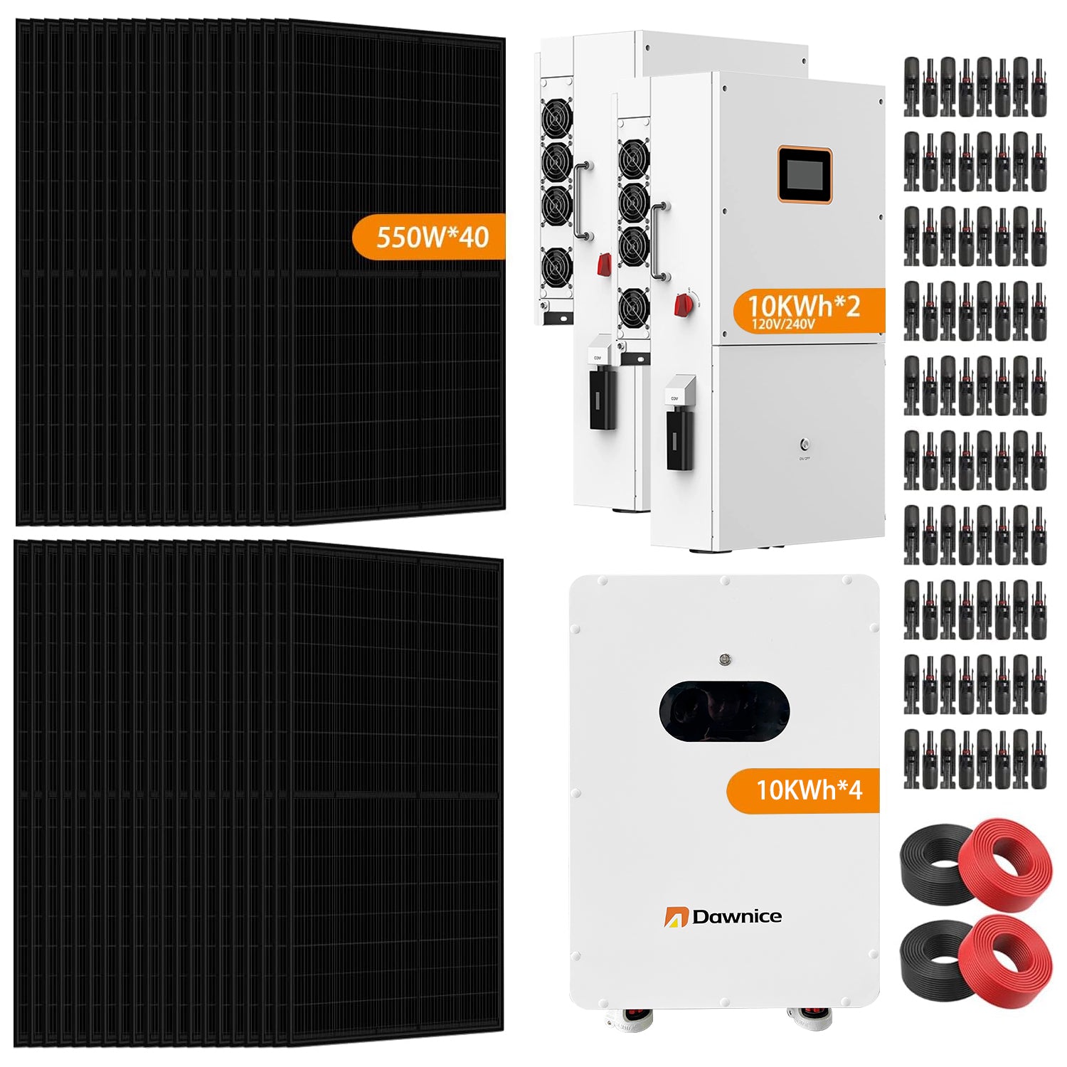 DDP to US inland - 20KW Hybrid Solar System Complete Kit 4 PCS 51.2V 206Ah LiFePO4 Battery 42.188KWh Battery 550W Solar Panels 40PCS Bifacial 22000W 2 Sets 10KW Split Phase Inverter with MPPT Controller 120V/240V UL1741