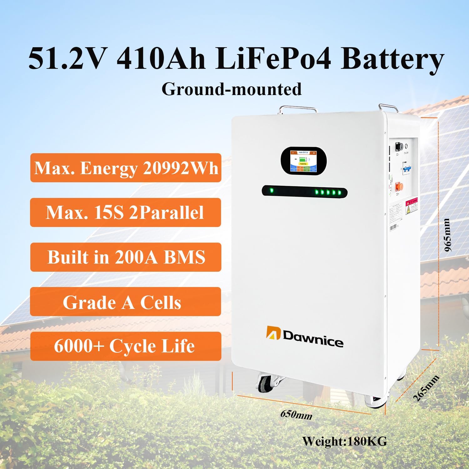 51.2V 410Ah 21kWh LifePO4 Lithium Solar Batteries Built in 200A BMS 12KW Hybrid Inverter Built in 2 MPPT Charge Controll Home Energy Storage Power Supply DC to AC Bluetooth Wireless