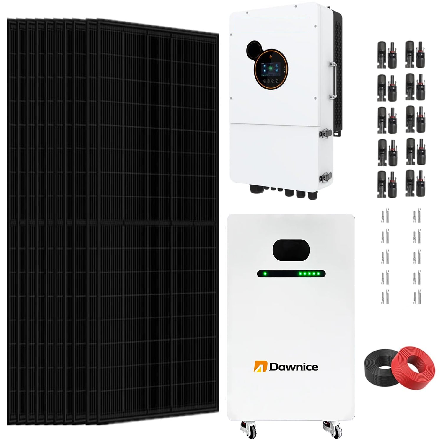 DDP-MX- Kit completo de sistema de energía solar híbrido de 10 KW con paneles solares de 5.8 KW + inversor híbrido de 48 V + batería de 51.2 V  20KWh(10 unidades x 580 W PV+1 inversor de 10+1 batería 20KWh)