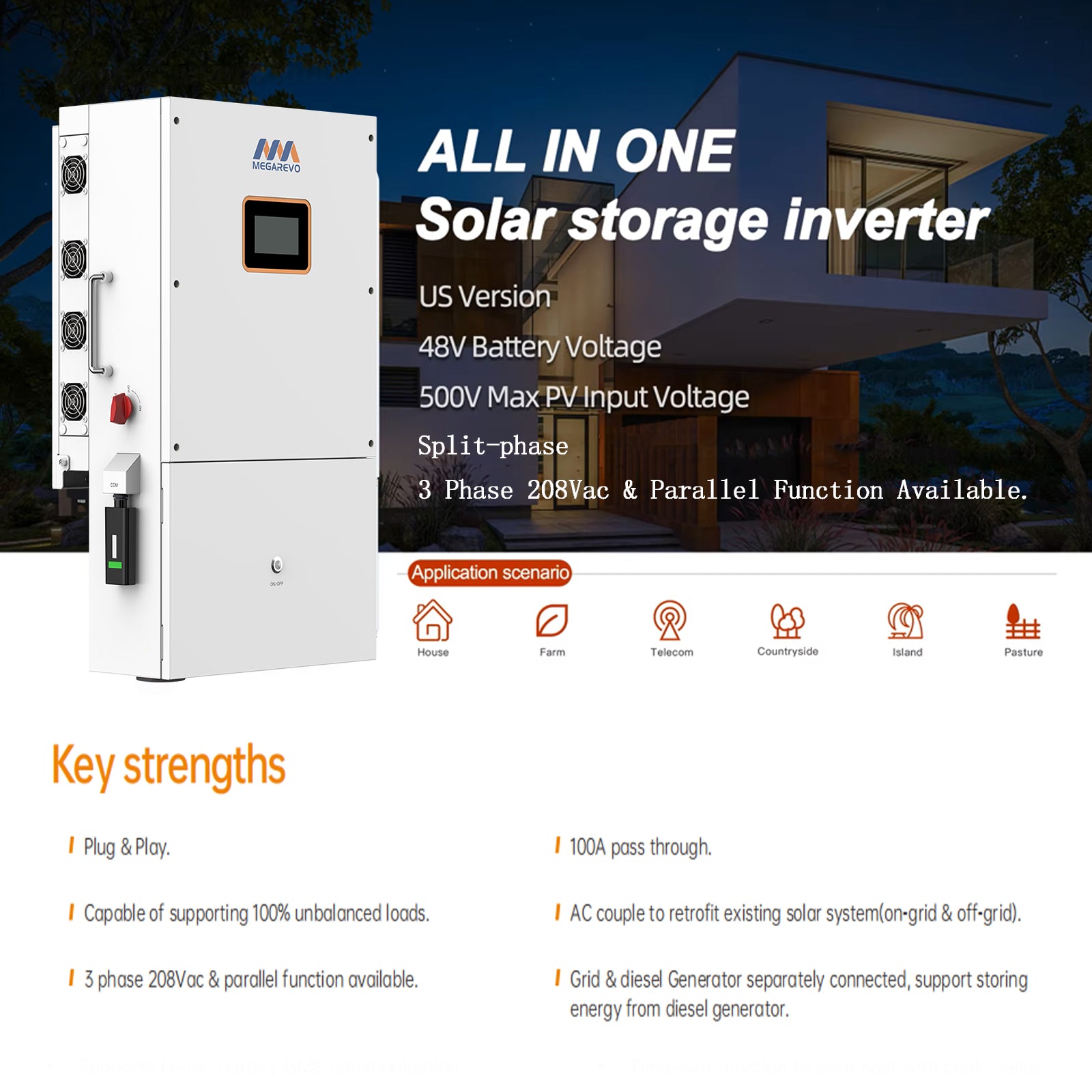 DDP to US inland - 16KW Hybrid Solar Inverter 48V DC to 120V/240V AC Split Power Inverter Built in 4 MPPT Charge Controller for Work with 48V LiFePO4 Lead-Acid Battery Support Parallel UL Listed