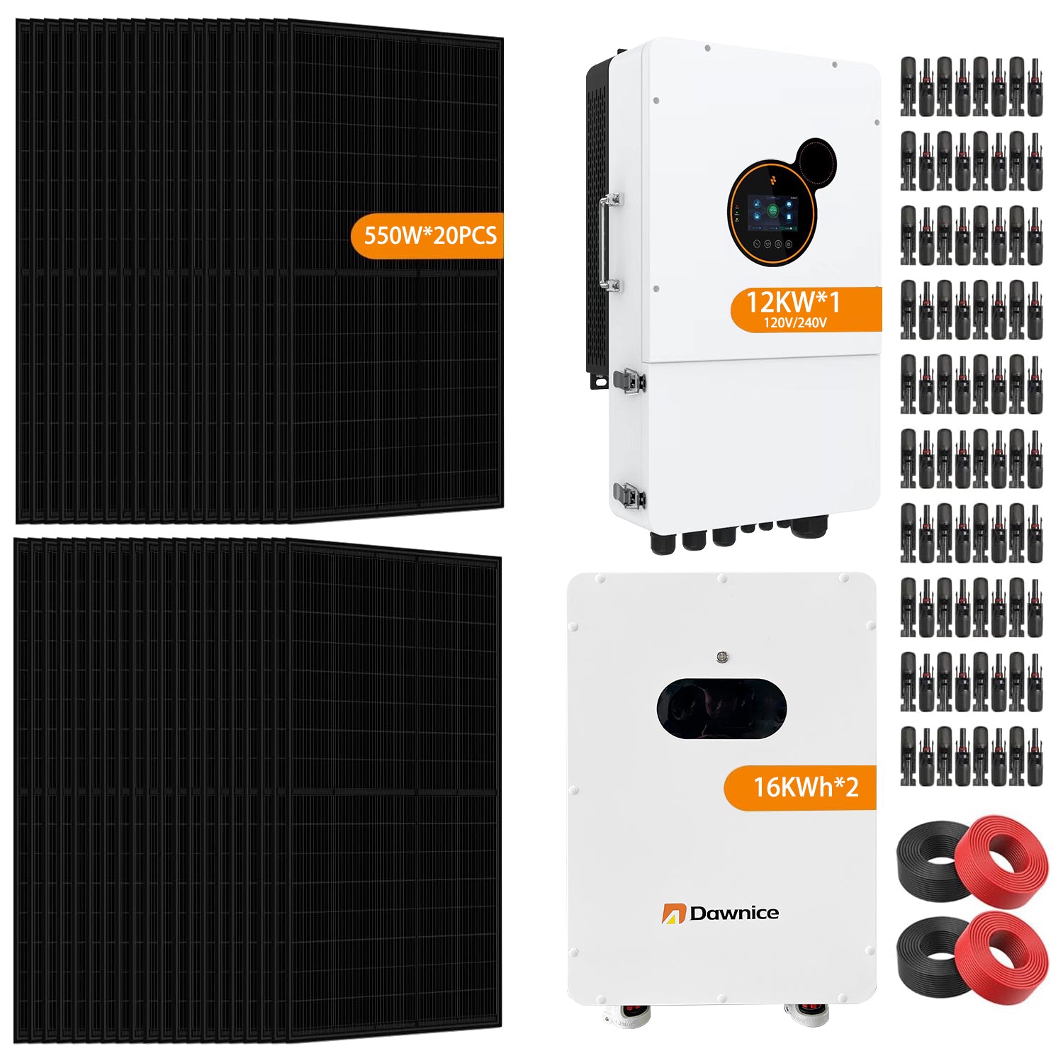 12KW Hybrid Solar Power System Complete Kit 20PCS 550W Solar Panel (11KW) +1Sets 48V 12KW Split Phase Inverter Built in MPPT+ 32kwh Battery 2 Sets-51.2V 314Ah 16kwh Whole House Storage LiFePO4 Lithium Battery with Mounting Bracket for Roof