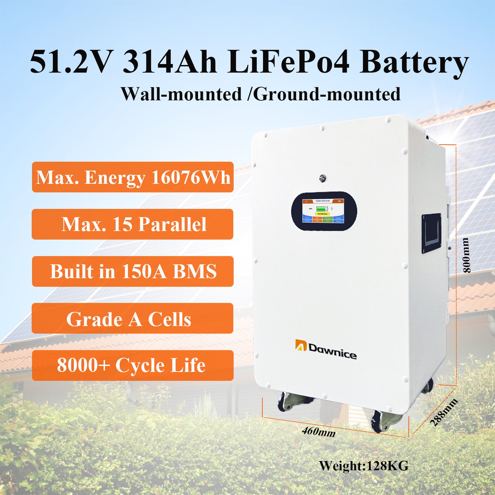 51.2V 314Ah 16kWh LifePO4 Lithium Solar Batteries Built in 150A BMS 12KW Hybrid Inverter Built in 2 MPPT Charge Controll Home Energy Storage Power Supply DC to AC Bluetooth Wireless