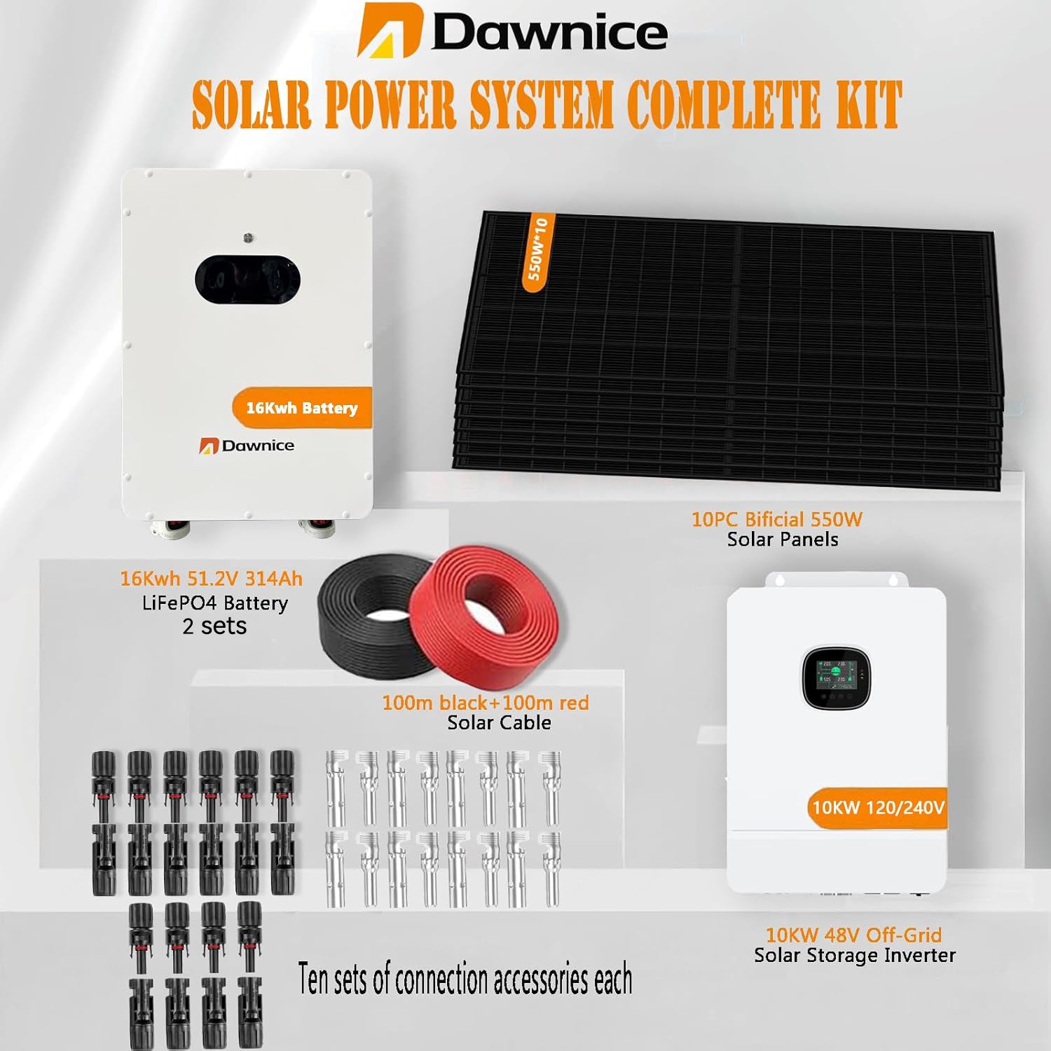 10000W Off Grid Solar Power System Complete Kit with 2 Sets 48V 314Ah 16KWh LiFePO4 Battery 10PCS Bificial 550W Solar Panels 10KW Solar Storage Inverter with MPPT Controller 220Vac Single Phase