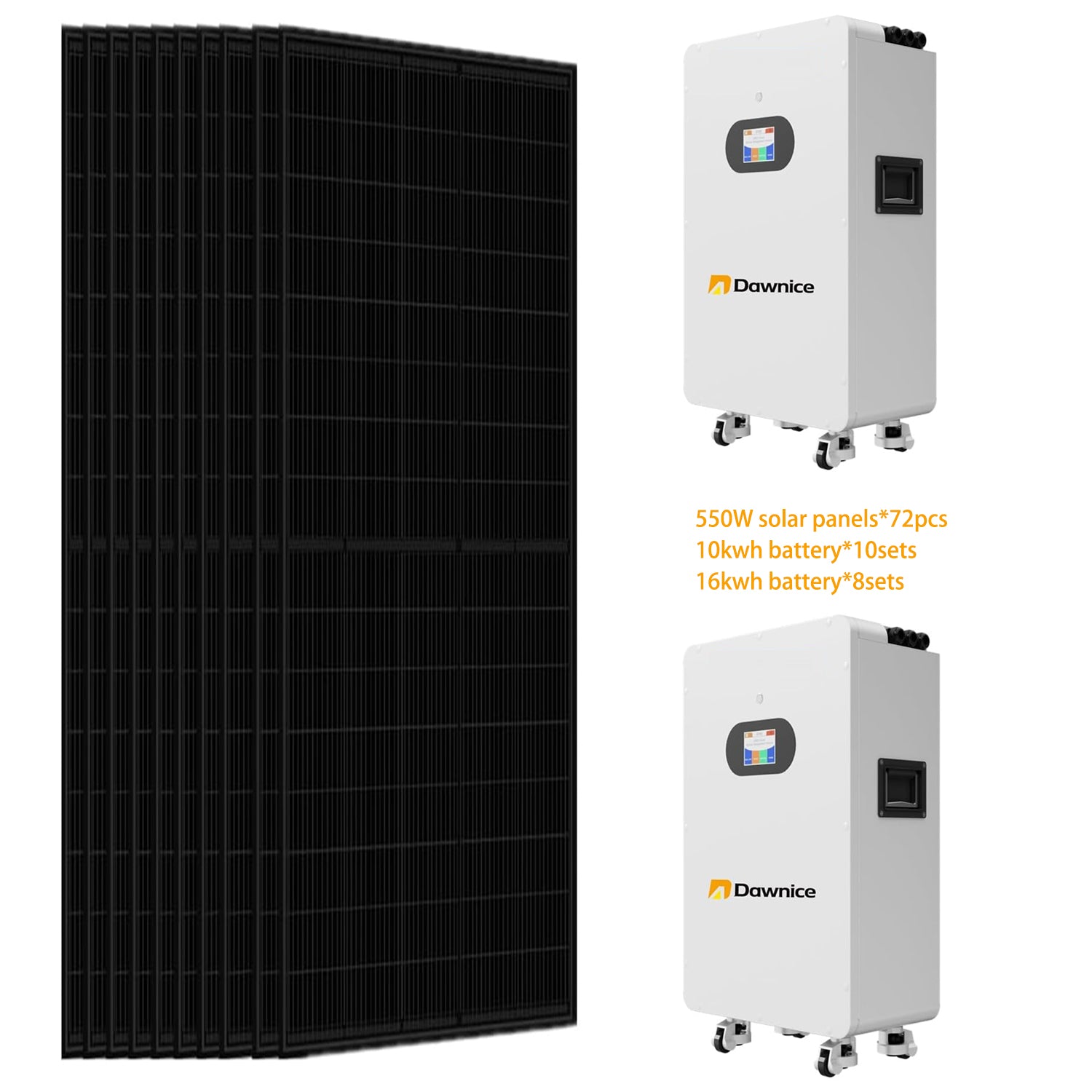72pcs 550W solar panels + 8 Set * 16KWh Battery + 10 Set * 10KWH Batteries