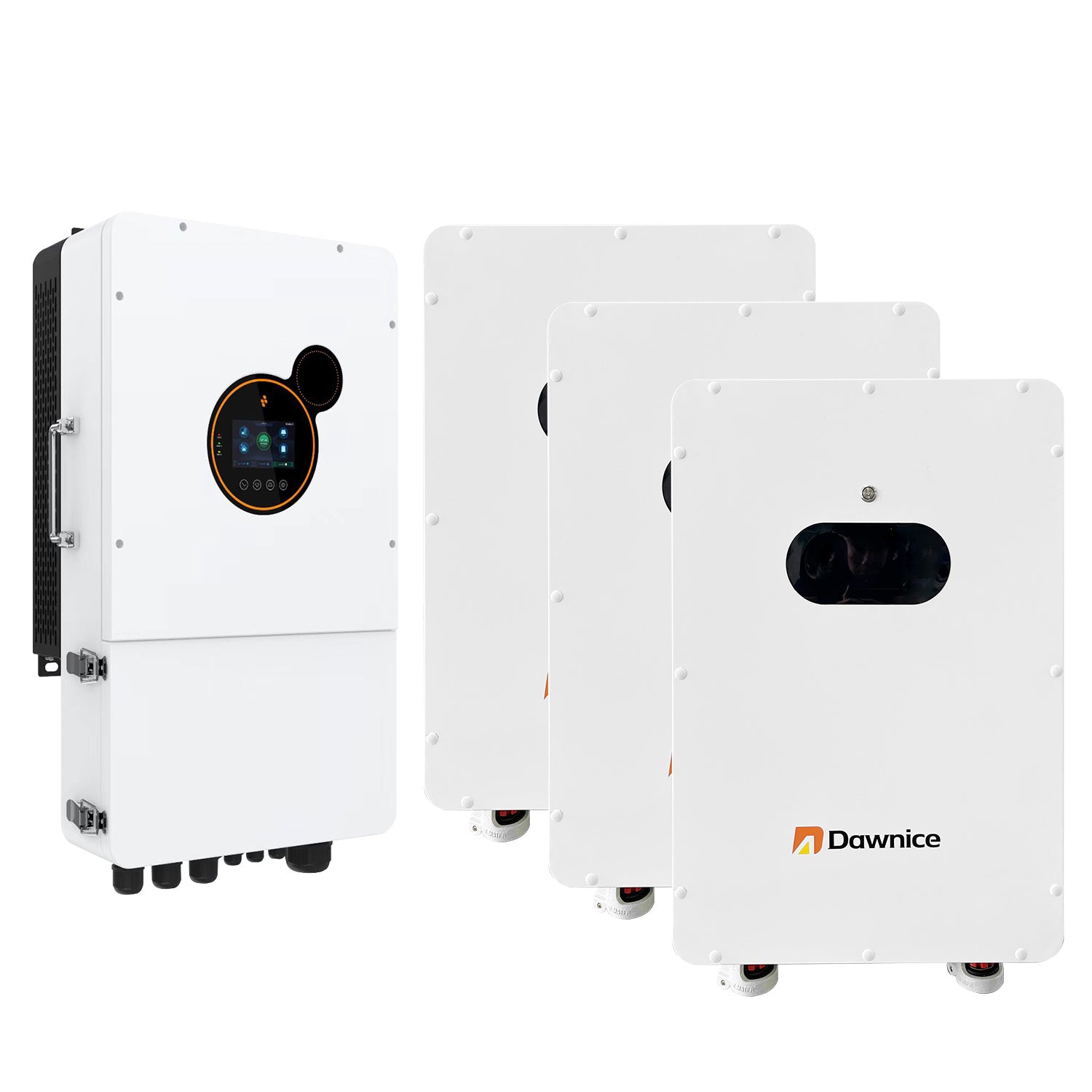 On the right are three Dawnice 16KWh lithium iron phosphate batteries, and on the left is a 12KW hybrid inverter.